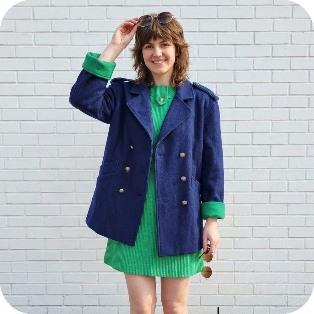 Wool Blend Peacoat Womens M Blue Green Double Breasted‎ Military Preppy Mod 90s
